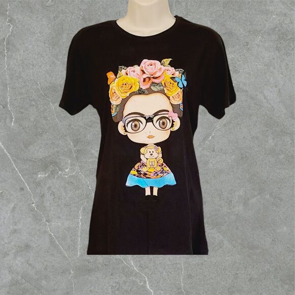Women Casual Crew Neck Short Sleeve Black T-Shirt Frida Calo Comic Print Size L - Picture 1 of 9